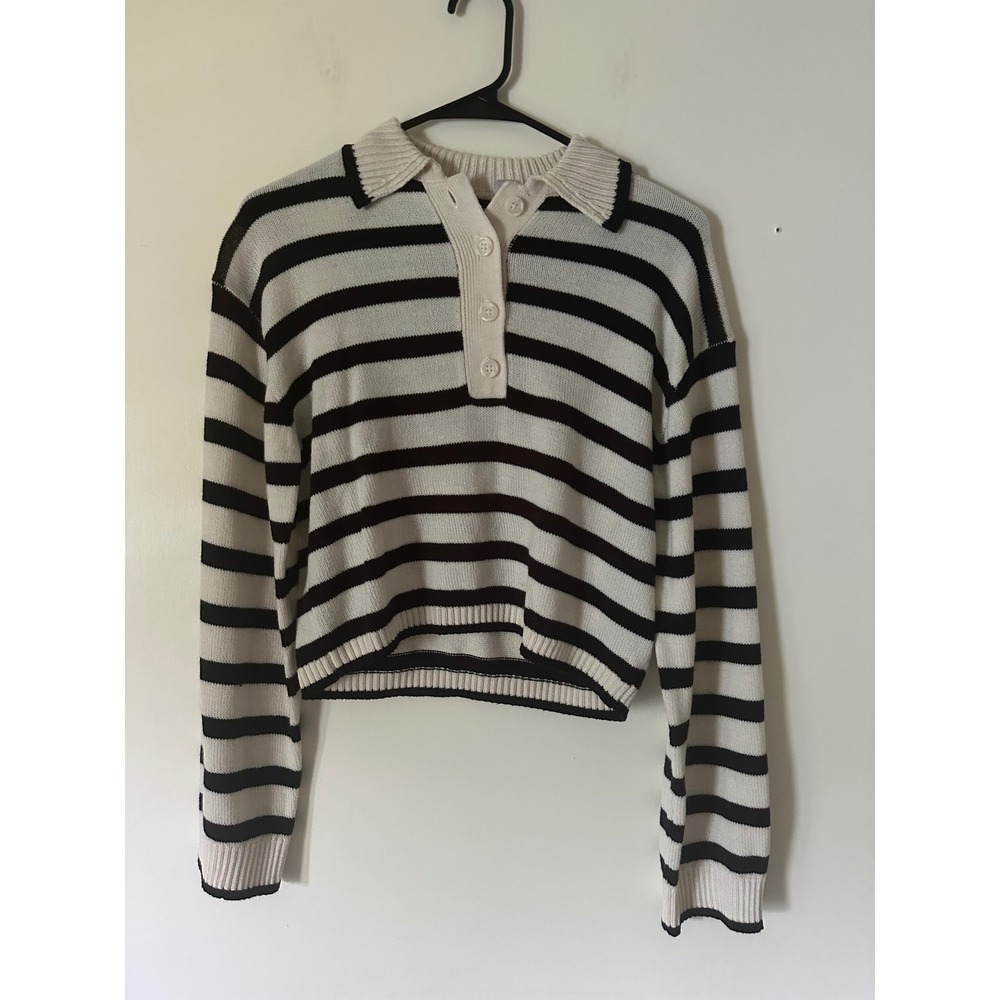 H&M Divided Womens XS Black White Striped Polo Sweater Cropped Henley Knit Top